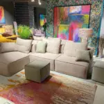 Divano modulare PIX in tessuto beige con chaise longue e due pouf cubici
