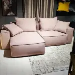 Divano modulare PIX rosa con chaise longue, vista frontale